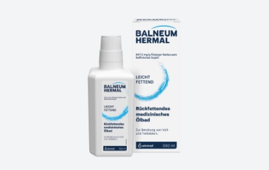 Auf dem Bild sehen Sie das Produkt: Balneum Hermal 200 ml und seine Verpackung. Im Haupttext des Produktes ist zu lesen: Rückfettendes medizinisches Ölbad.