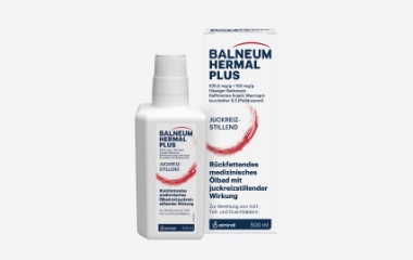 Produktbild von Balneum Hermal Plus 200 ml mit der Verpackung auf neutralem, weißem Hintergrund. Im Haupttext des Produktes ist zu lesen: Rückfettendes medizinisches Ölbad it juckreizstillender wirkung