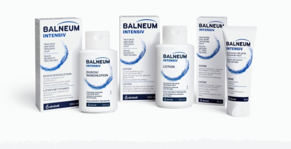 Auf dem Bild sind auf neutralem, weißem Hintergrund alle Balneum-Produkte mit den jeweiligen Verpackungen zu sehen.