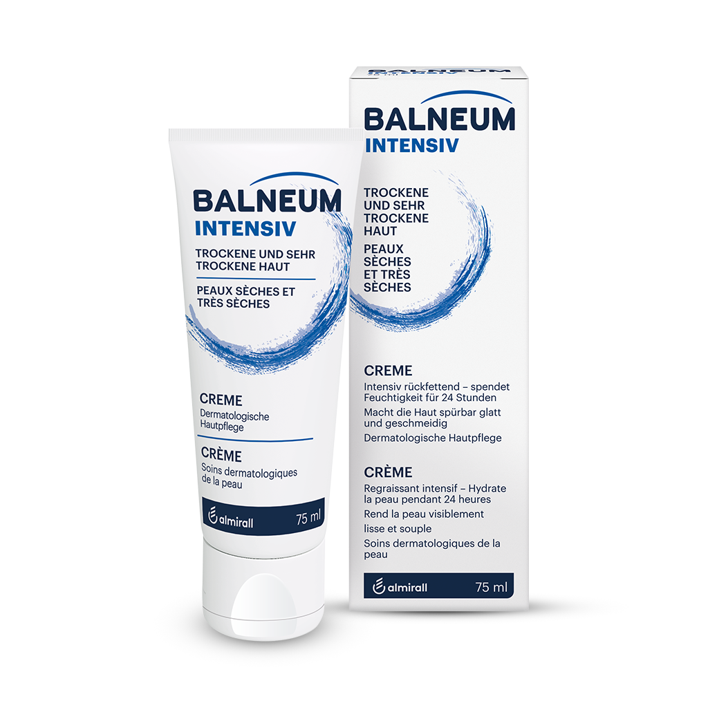 Auf dem Bild sehen Sie das Produkt: Balneum Intensive 75 ml und seine Verpackung. Im Haupttext des Produktes ist zu lesen: Trockene und sehr trockene haut. Creme