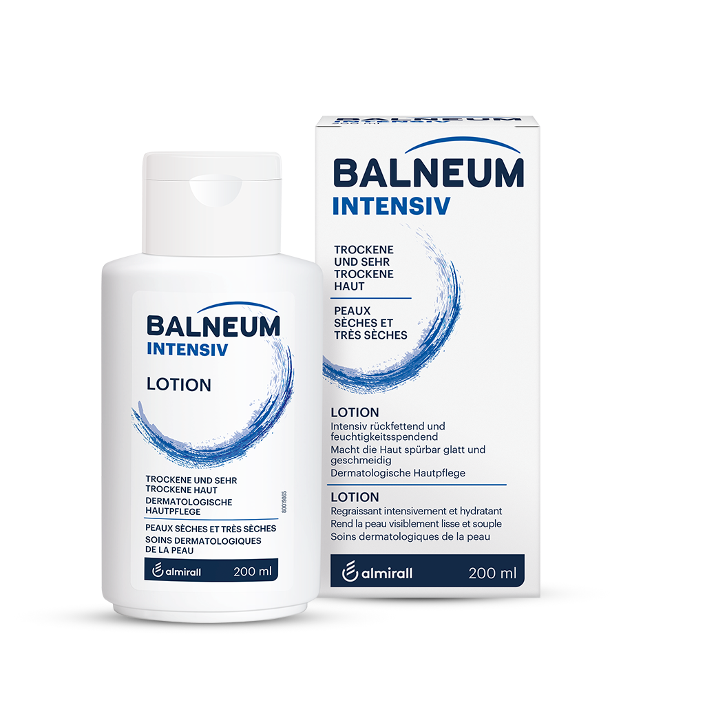 Auf dem Bild sehen Sie das Produkt: Balneum Intensive 200 ml und seine Verpackung. Im Haupttext des Produktes ist zu lesen: Trockene und sehr trockene haut. Lotion
