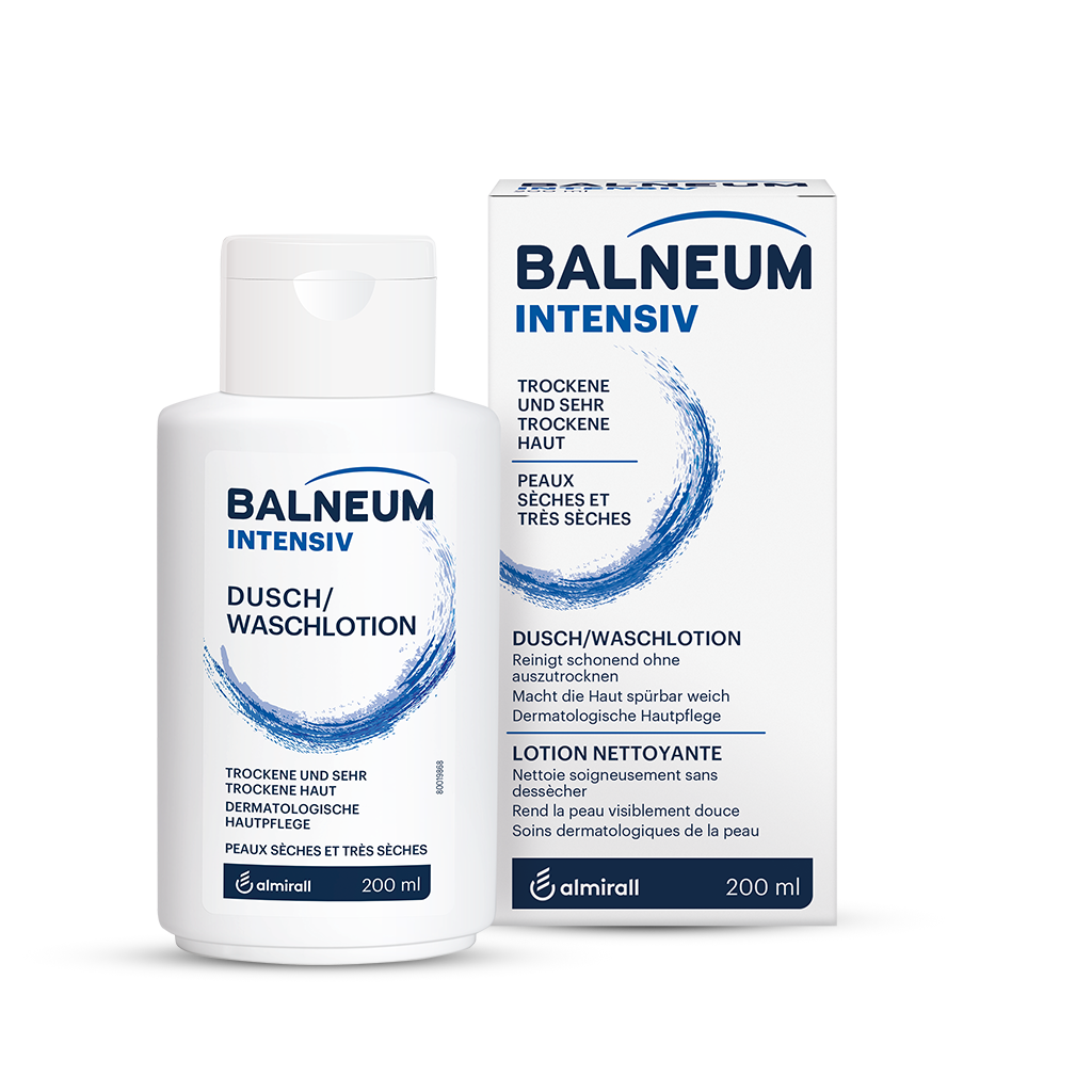Auf dem Bild sehen Sie das Produkt: Balneum Intensive 200 ml und seine Verpackung. Im Haupttext des Produktes ist zu lesen: Tockene uns sehr trokene haut. Dusch/ waschlotion.