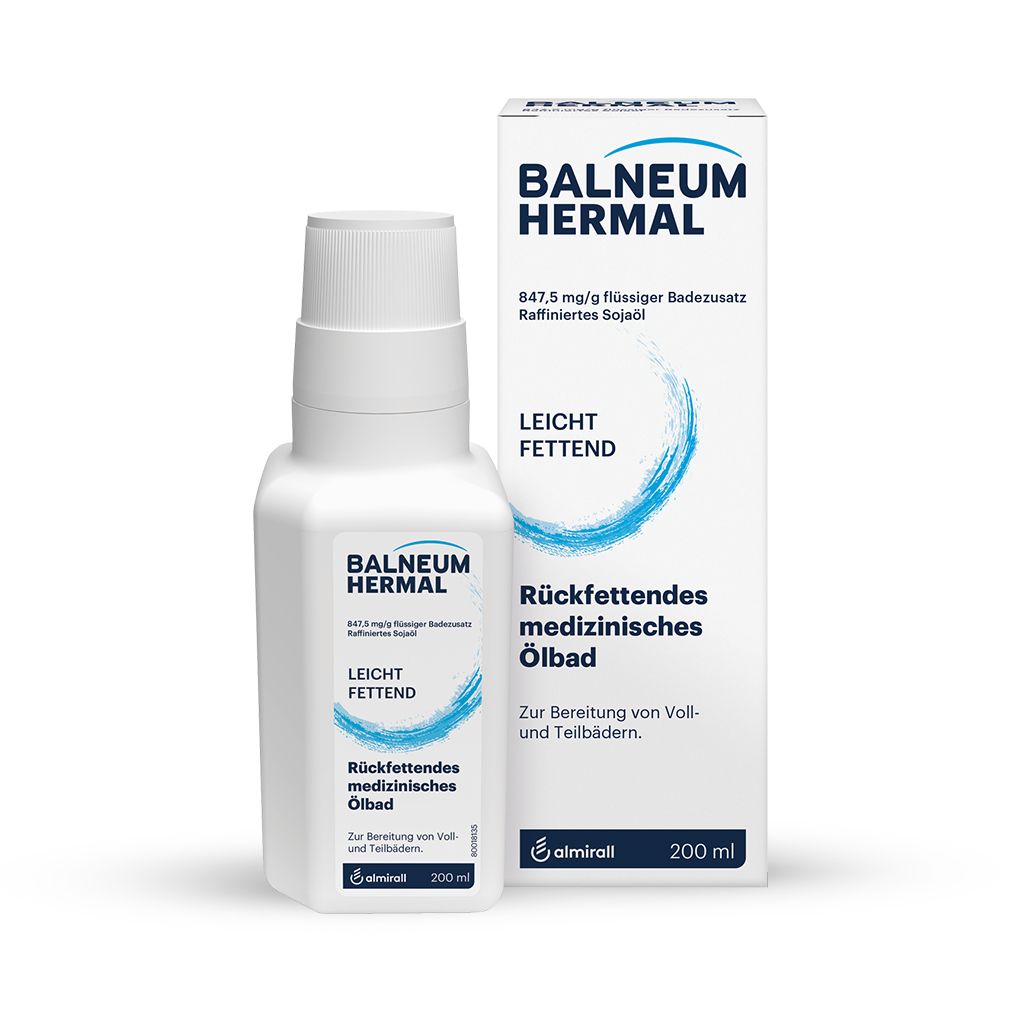 Auf dem Bild sehen Sie das Produkt: Balneum Hermal 200 ml und seine Verpackung. Im Haupttext des Produktes ist zu lesen: Rückfettendes medizinisches Ölbad.