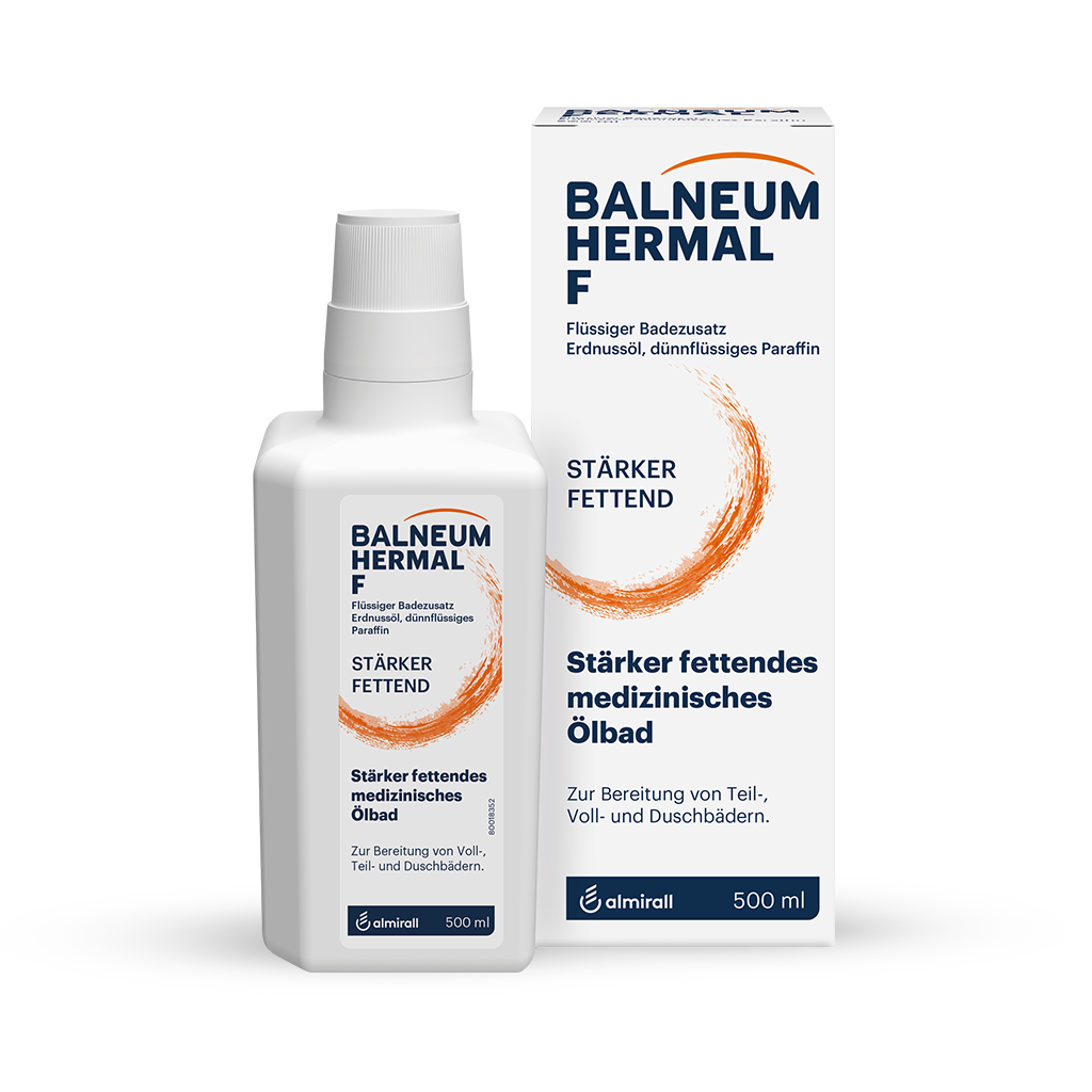 Auf dem Bild sehen Sie das Produkt: Balneum Hermal F 500 ml und seine Verpackung. Im Haupttext des Produktes ist zu lesen: Stärker Fettendes medizinisches Ölbad.
