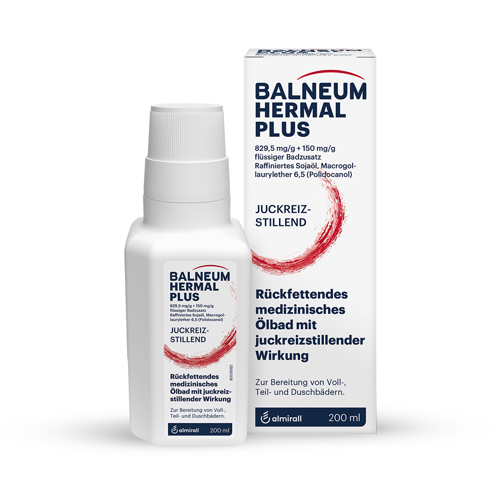 Produktbild von Balneum Hermal Plus 200 ml mit der Verpackung auf neutralem, weißem Hintergrund. Im Haupttext des Produktes ist zu lesen: Rückfettendes medizinisches Ölbad it juckreizstillender wirkung